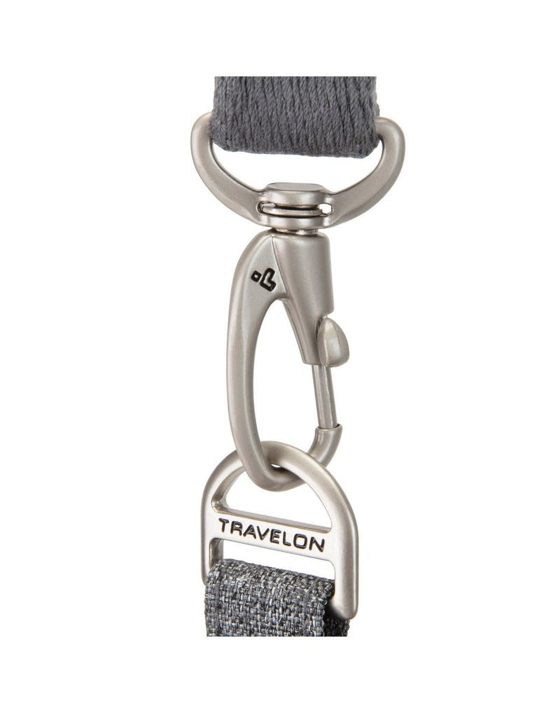 Travelon Boho Anti-Theft Insulated Water Bottle Tote in Grey Heather, close-up  anti-theft shoulder strap clasp.