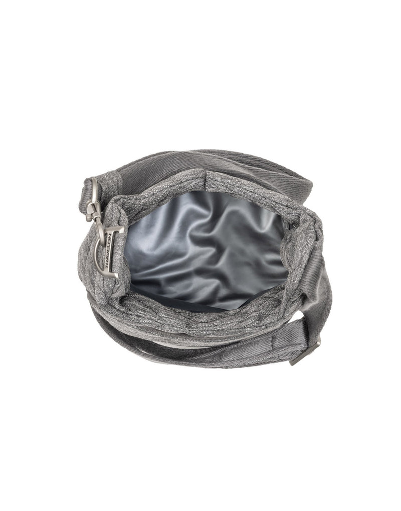 Top interior view of the Travelon Boho Anti-Theft Insulated Water Bottle Tote in Grey Heather.