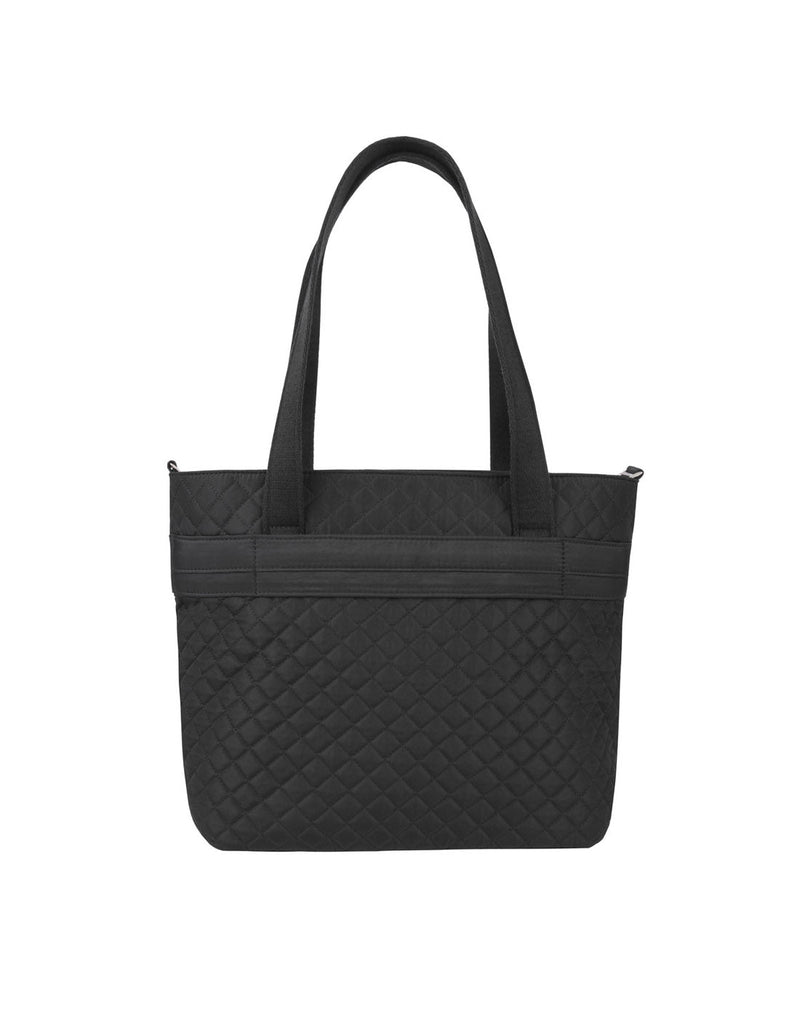 Back of the Travelon Boho Anti-Theft Tote in Black showing the rear pass through strap for sliding over wheeled luggage handles.