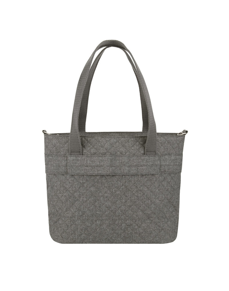 Back of the Travelon Boho Anti-Theft Tote in Grey Heather showing the rear pass through strap for sliding over wheeled luggage handles.