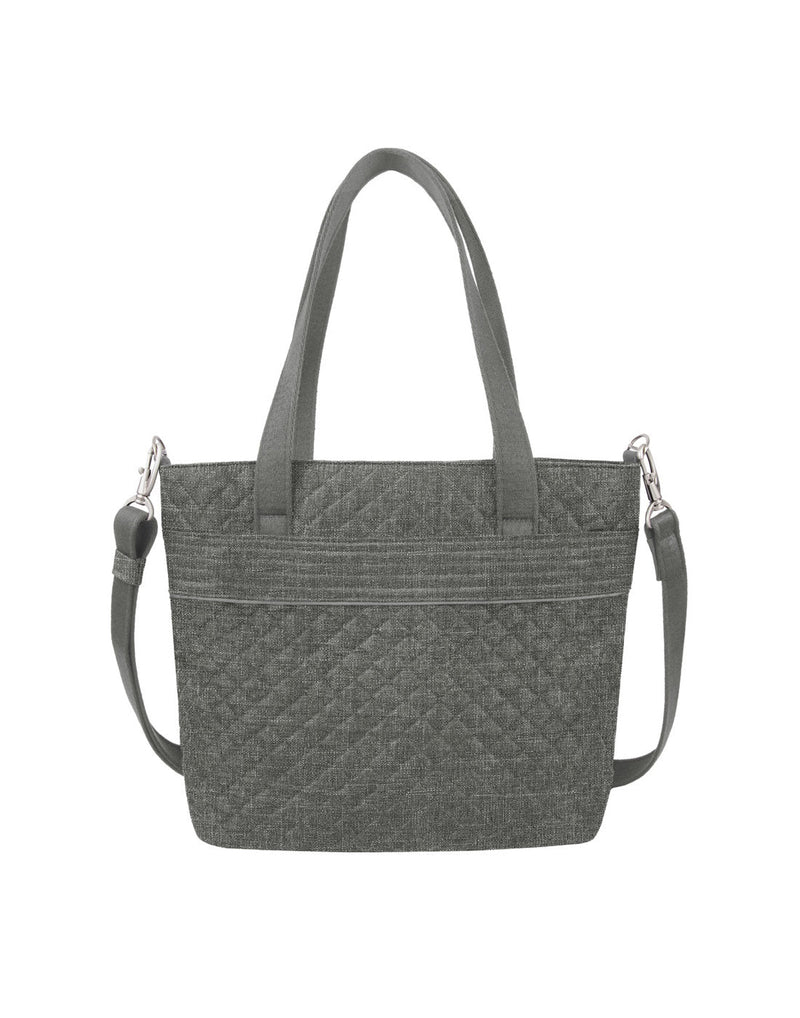 Front of the Travelon Boho Anti-Theft Tote in Grey Heather, showing the carry handles and detachable shoulder strap.