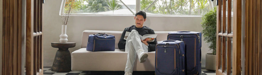 image of person on couch with luggage,  Travelpro logo and copy: The choice of flight crews and frequent travelers