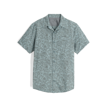 Royal Robbins Amp Lite II short-sleeve collared shirt, light slate heather river print, front view.