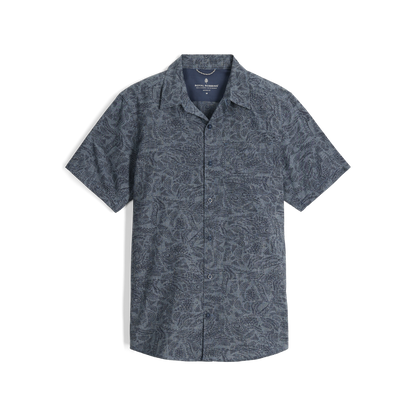 Royal Robbins Men's Amp Lite II short sleeve shirt in Deep Blue River print, front view.