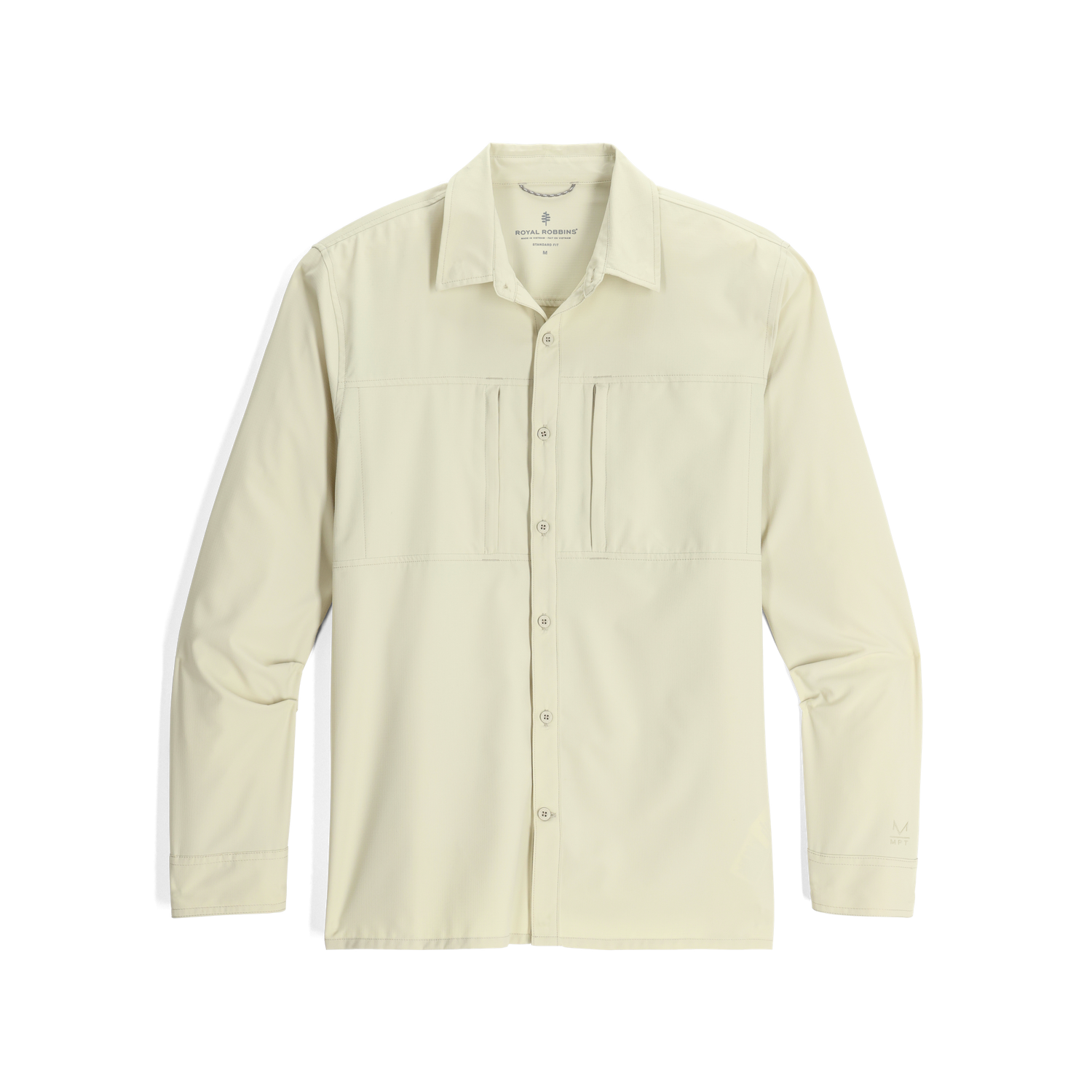 Royal Robbins Men's Expedition III Long Sleeve shirt in sandstone with chest pocket, made from recycled poly fabric, front view.