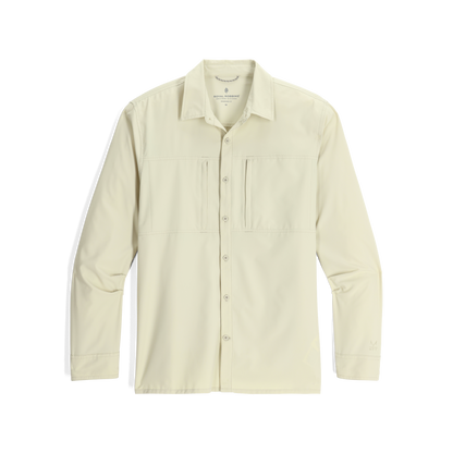 Royal Robbins Men's Expedition III Long Sleeve shirt in sandstone with chest pocket, made from recycled poly fabric, front view.