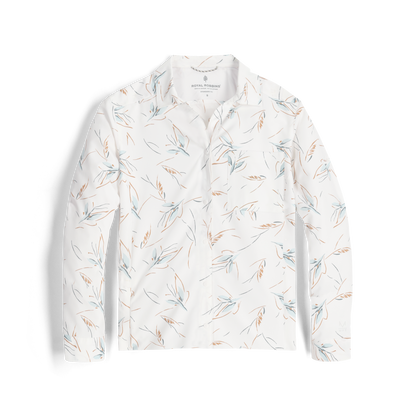 Women's Expedition III Long Sleeve by Royal Robbins: White shirt with blue/brown leaf pattern on recycled poly fabric.
