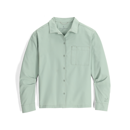 Sage green Royal Robbins Women's Expedition III Long Sleeve, recycled poly fabric, with chest pocket.