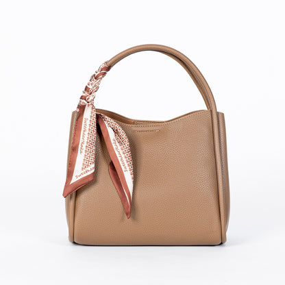 Miss Caprice Abby Triple Compartment Tote: Brown textured handbag with curved handles, scarf, and adjustable strap.