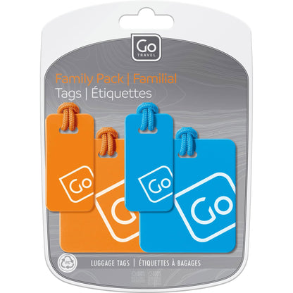 Close up of blue/orange Go Travel Luggage Tags Family Pack inside packaging.