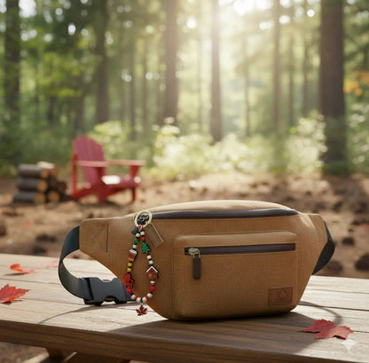 Northern Icons Cabin Weekend Beaded Bag Charm on a brown waist pack—perfect for laid-back cabin vibes.