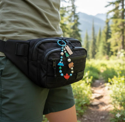 A person with a black waist pack and Northern Icons Maple Mountain Day Bag Charm walks in a forested setting.