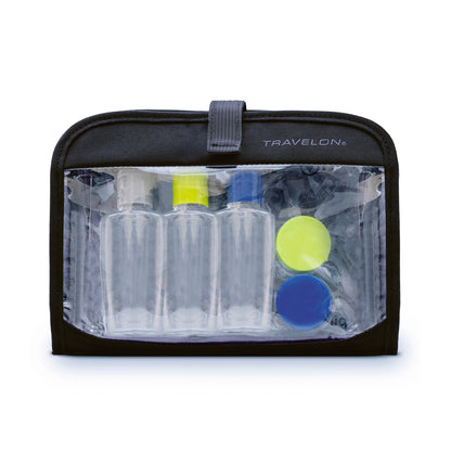 The Travelon Wet/Dry 1 Quart Bag includes four bottles and two jars; TSA compliant for travel.