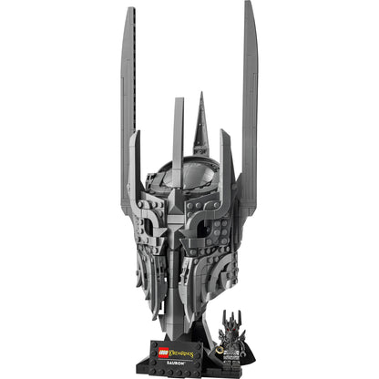LEGO® The Lord of the Rings: Sauron's Helmet set for adults includes a display stand and nameplate.