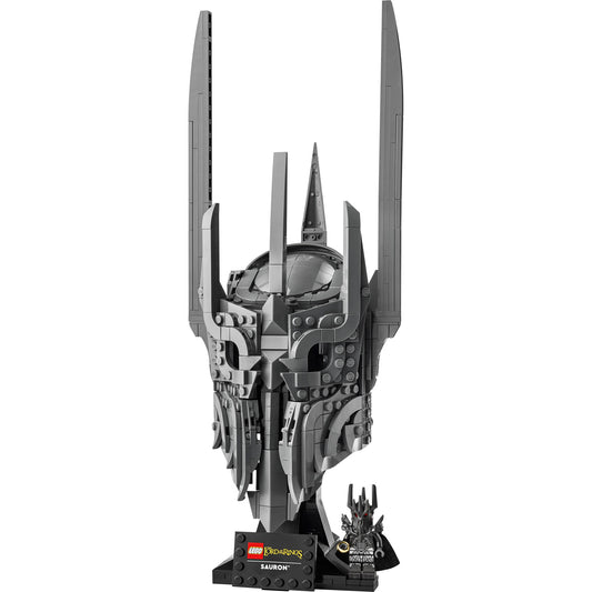 Product Image – LEGO® The Lord of the Rings: Sauron's Helmet set for adults includes a display stand and nameplate.