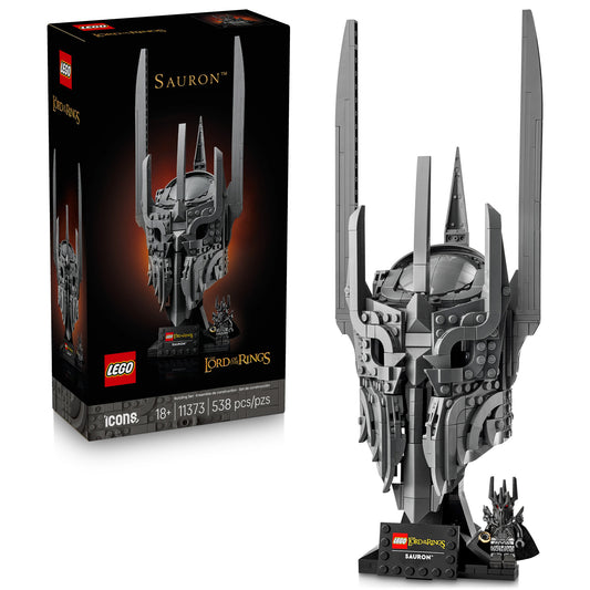 Product Image – LEGO® The Lord of the Rings: Sauron's Helmet (model 11373), 538-piece adult kit, box and display shown.