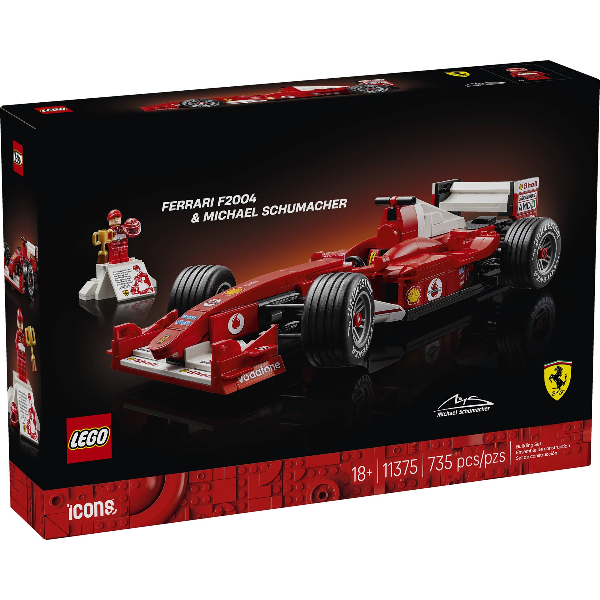 Build the LEGO® Ferrari F2004 & Michael Schumacher (ONLINE ONLY) set—735 pieces, ages 18+, by LEGO.