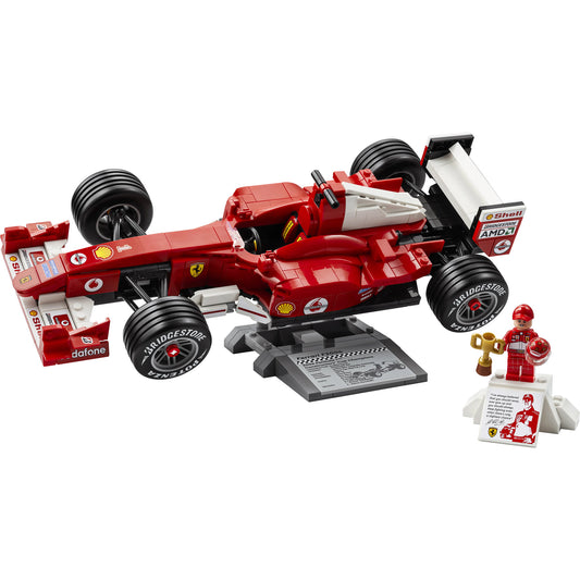 Product Image – LEGO® Ferrari F2004 & Michael Schumacher set features a red F1 car, driver minifigure, and plaque. ONLINE ONLY.