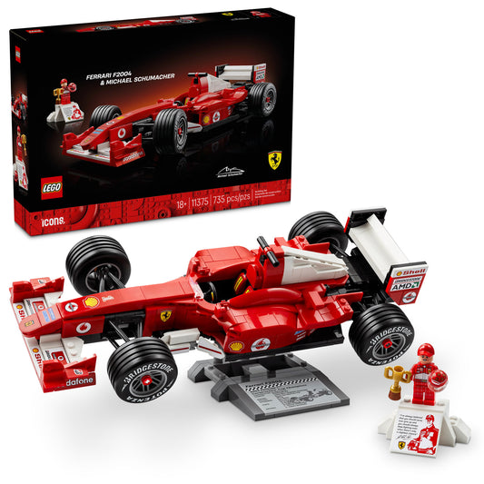 Product Image – LEGO® Ferrari F2004 & Michael Schumacher - ONLINE ONLY set with minifigure and display plaque shown boxed.