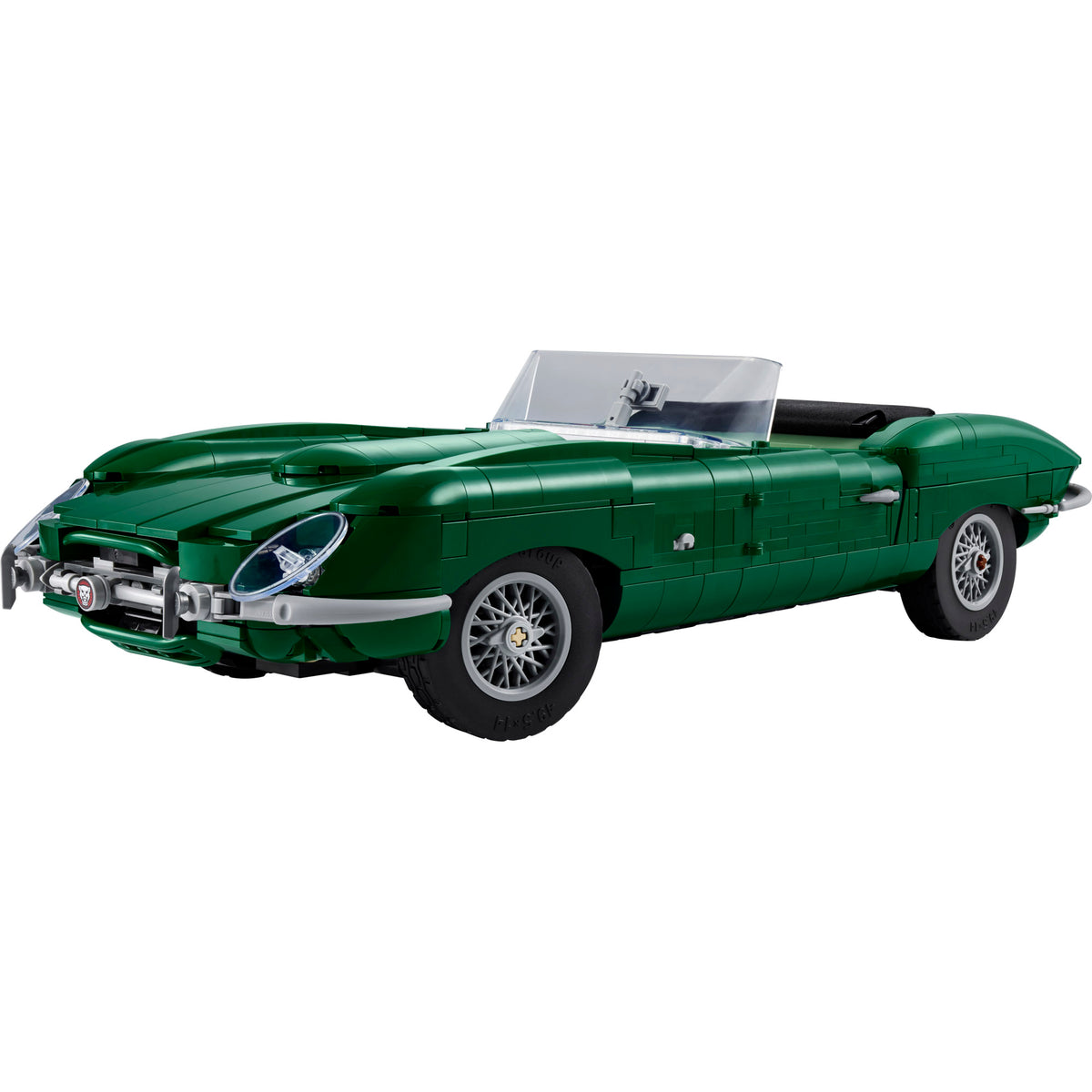 LEGO® Jaguar E-Type: a classic green convertible model with black interior and detailed wheels. ONLINE ONLY.