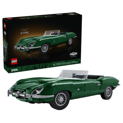LEGO® Jaguar E-Type - ONLINE ONLY in green by LEGO, with car and box shown on a white background.