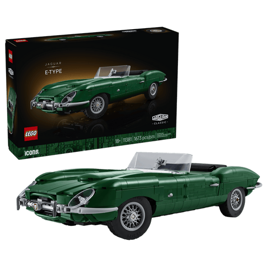 Product Image – LEGO® Jaguar E-Type - ONLINE ONLY in green by LEGO, with car and box shown on a white background.
