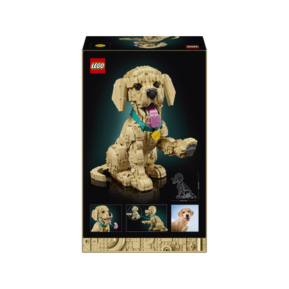 LEGO® Golden Retriever Puppy set with posable beige dog, blue collar, and images of build and real puppy.