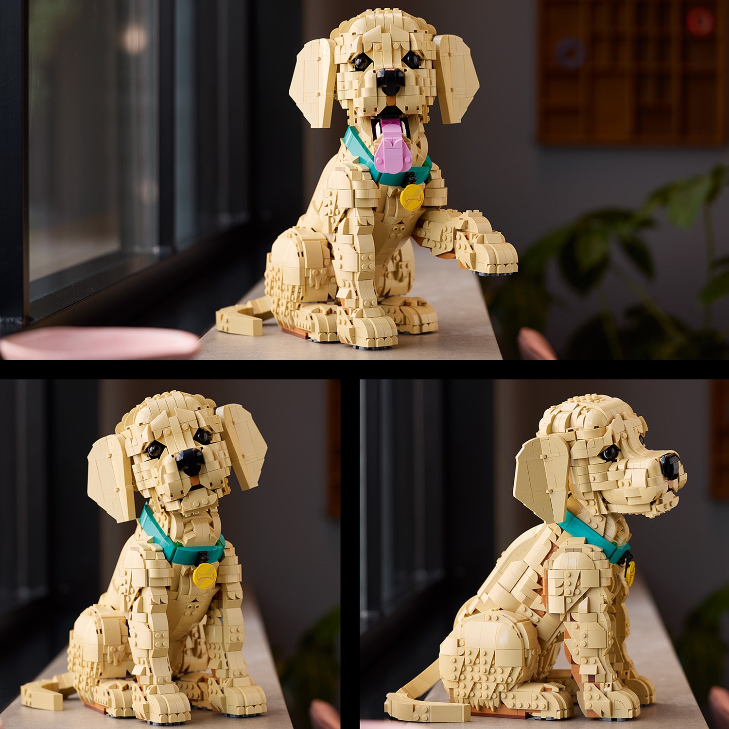 LEGO® Golden Retriever Puppy (ONLINE ONLY)—a posable yellow pup with green collar, shown from three angles.