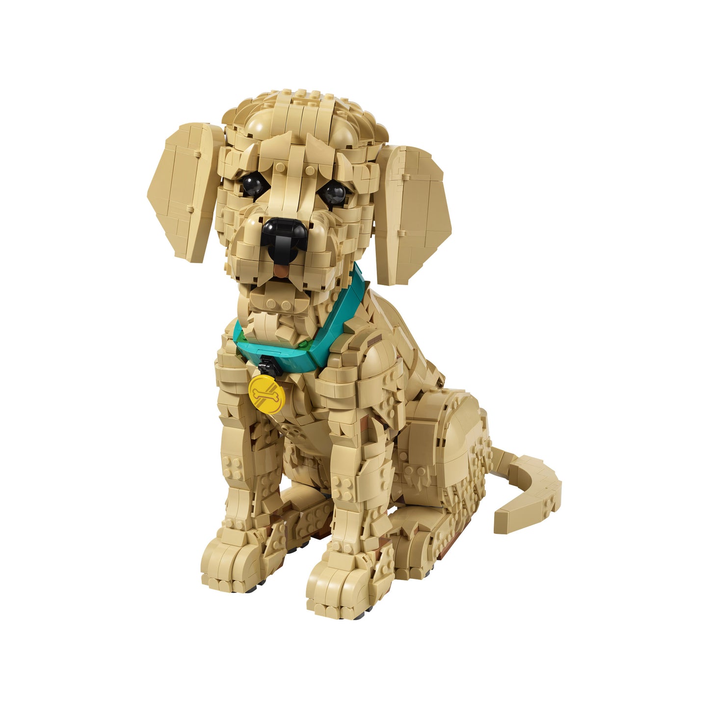 The LEGO® Golden Retriever Puppy, an online exclusive, features a posable figure with teal collar and gold tag.