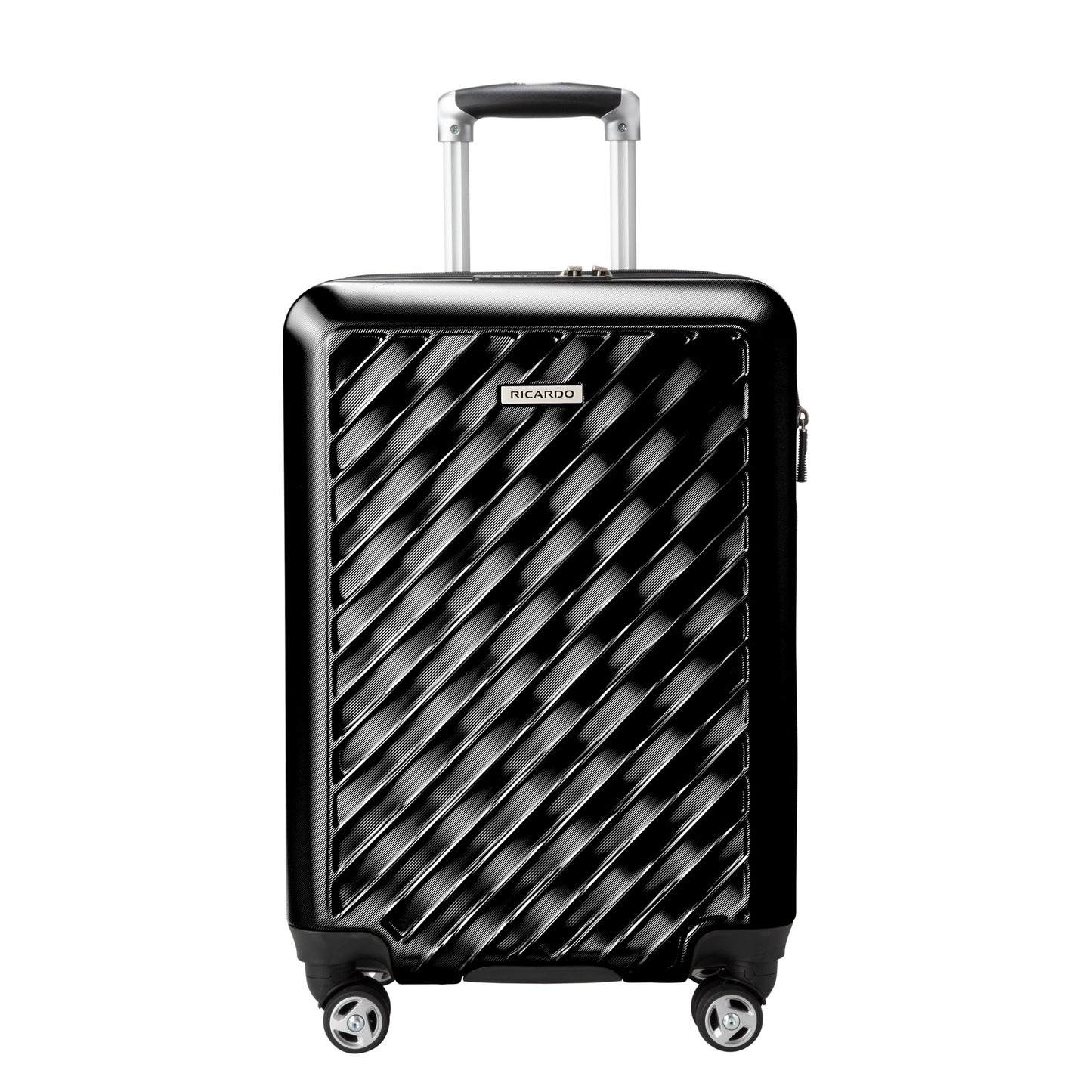 Ricardo Beverly Hills Melrose 20" Hardside Spinner Carry-on, black, shown with four wheels and telescoping handle.