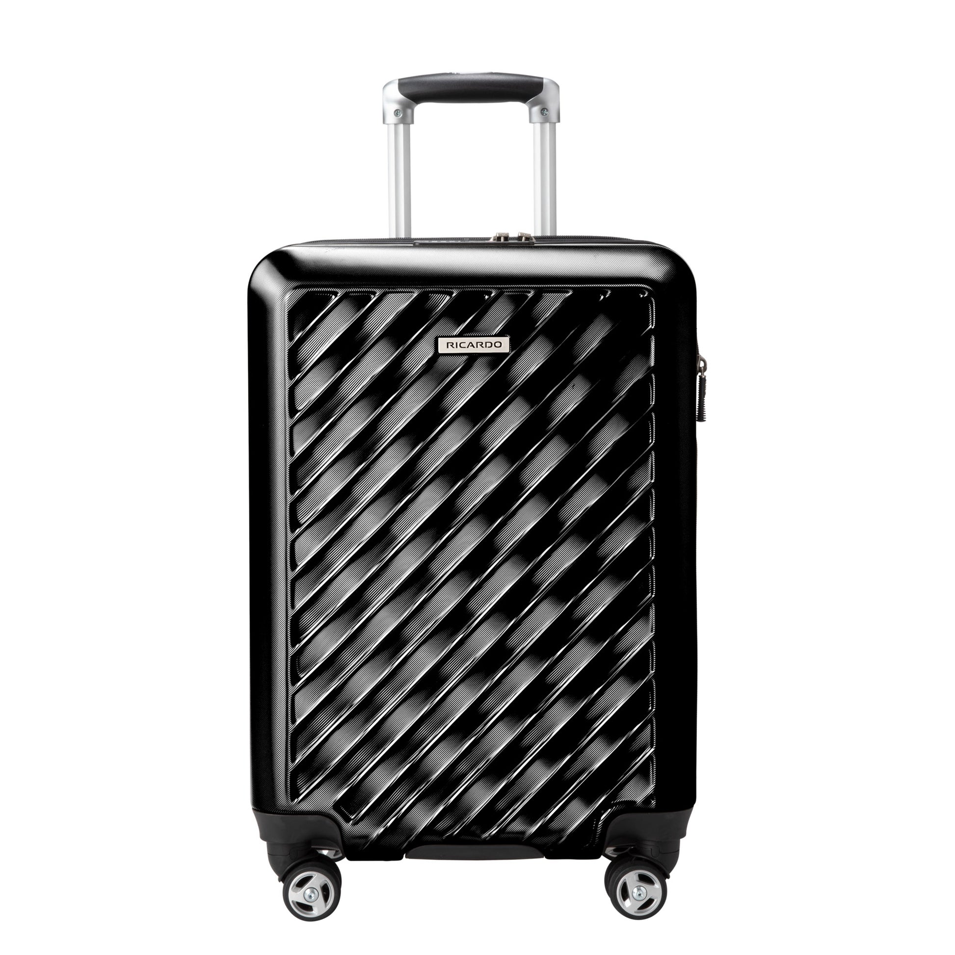 Ricardo Beverly Hills Melrose 20" Hardside Spinner Carry-on, black, shown with four wheels and telescoping handle.