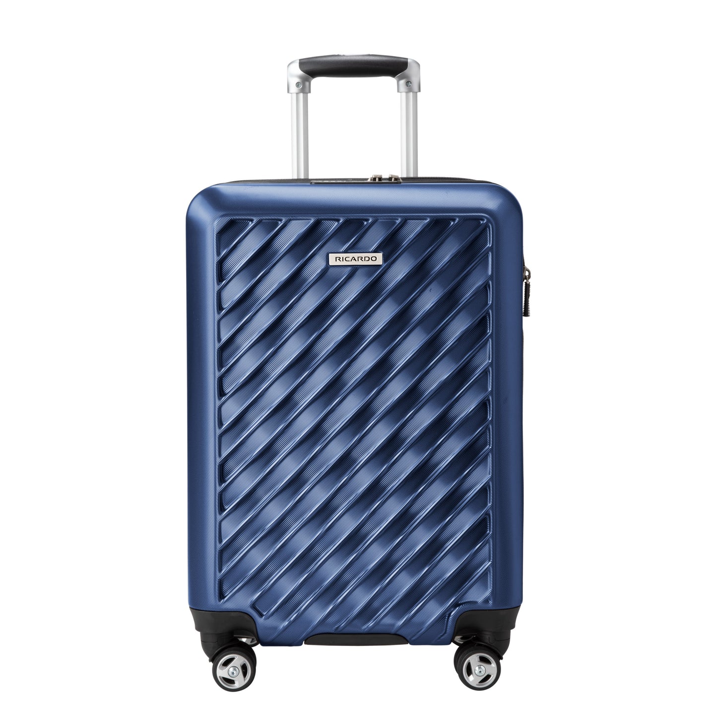 Ricardo Beverly Hills Melrose 20" blue hardside spinner carry-on with four wheels and telescopic handle.