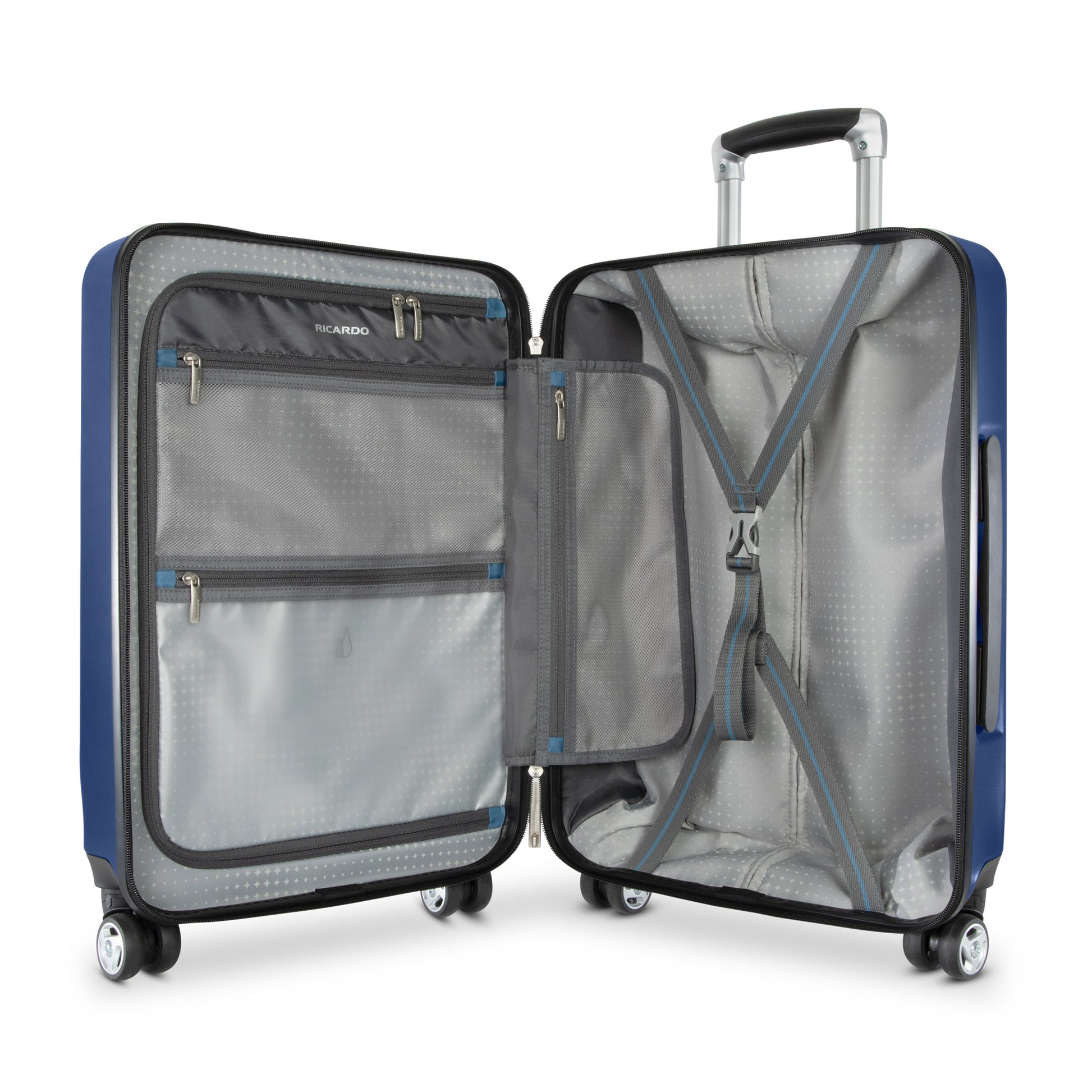 Ricardo Beverly Hills Melrose 20" Carry-on: blue hardside opens to organized interior with zip pockets, cross straps.