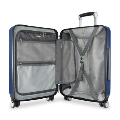 Ricardo Beverly Hills Melrose 20" Carry-on: blue hardside opens to organized interior with zip pockets, cross straps.