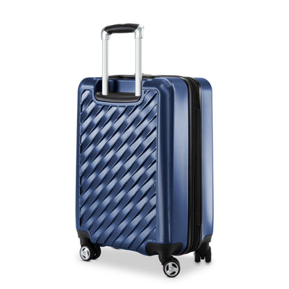 Ricardo Beverly Hills Melrose 20" blue polycarbonate carry-on with four wheels and a textured diagonal design.