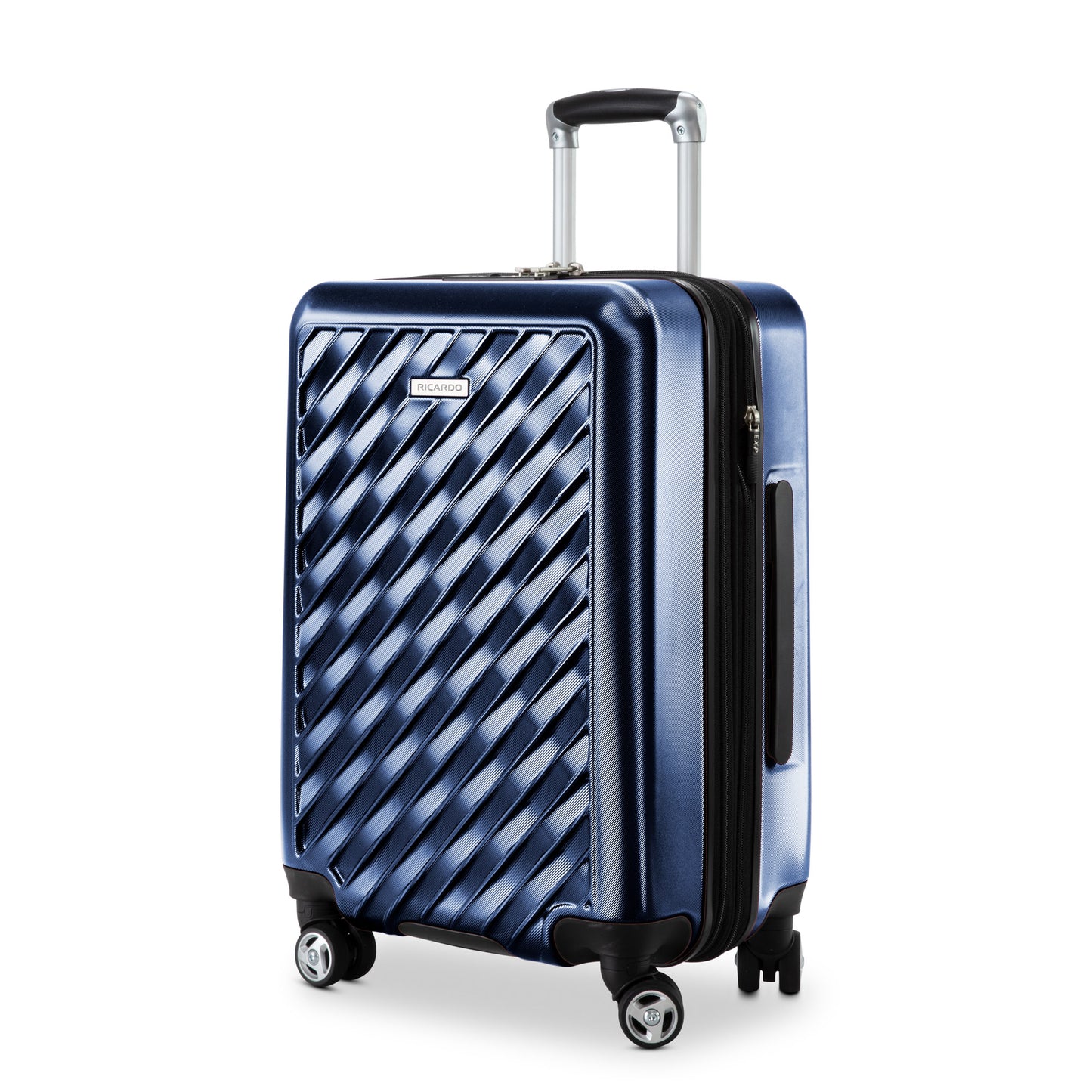 Ricardo Beverly Hills Melrose 20" blue polycarbonate carry-on with grooves, 4 wheels, and telescopic handle.