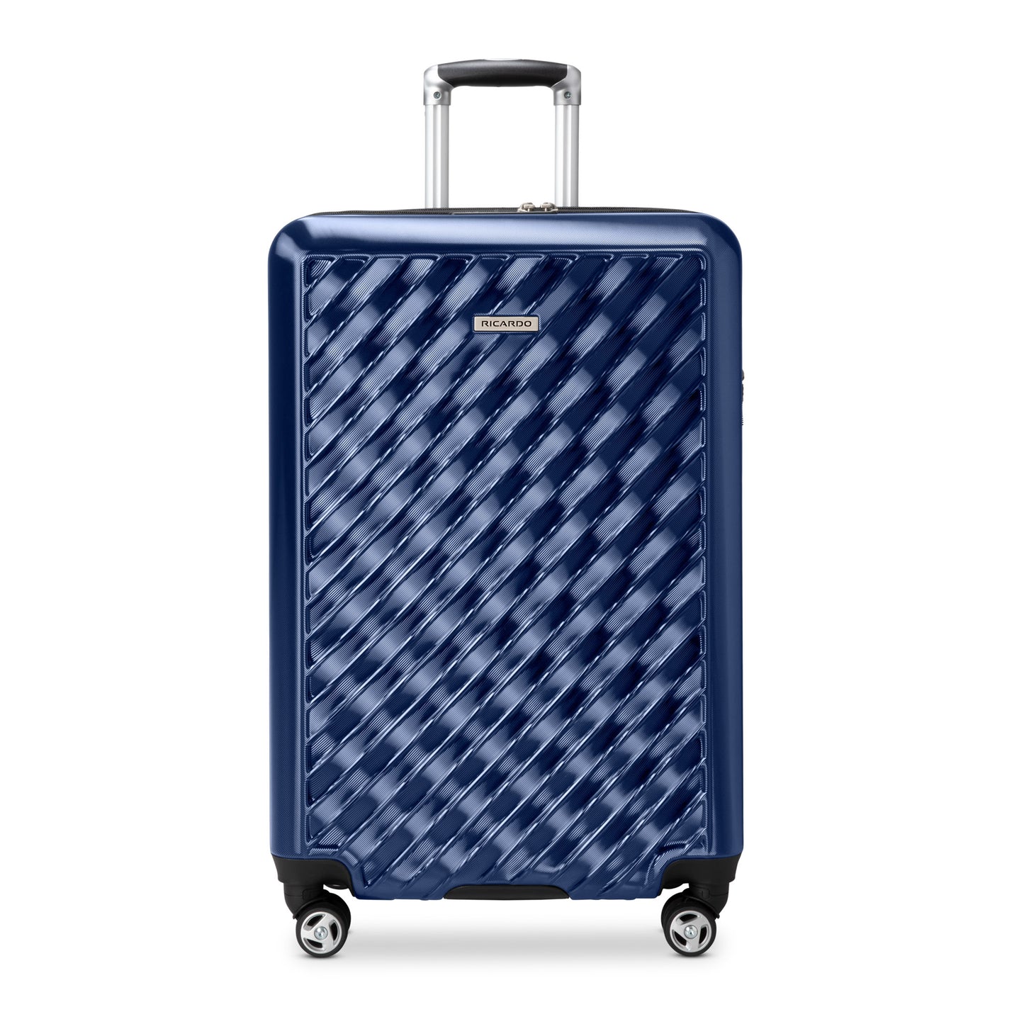 Ricardo Beverly Hills Melrose 25" blue polycarbonate spinner luggage with 4 wheels and telescoping handle.
