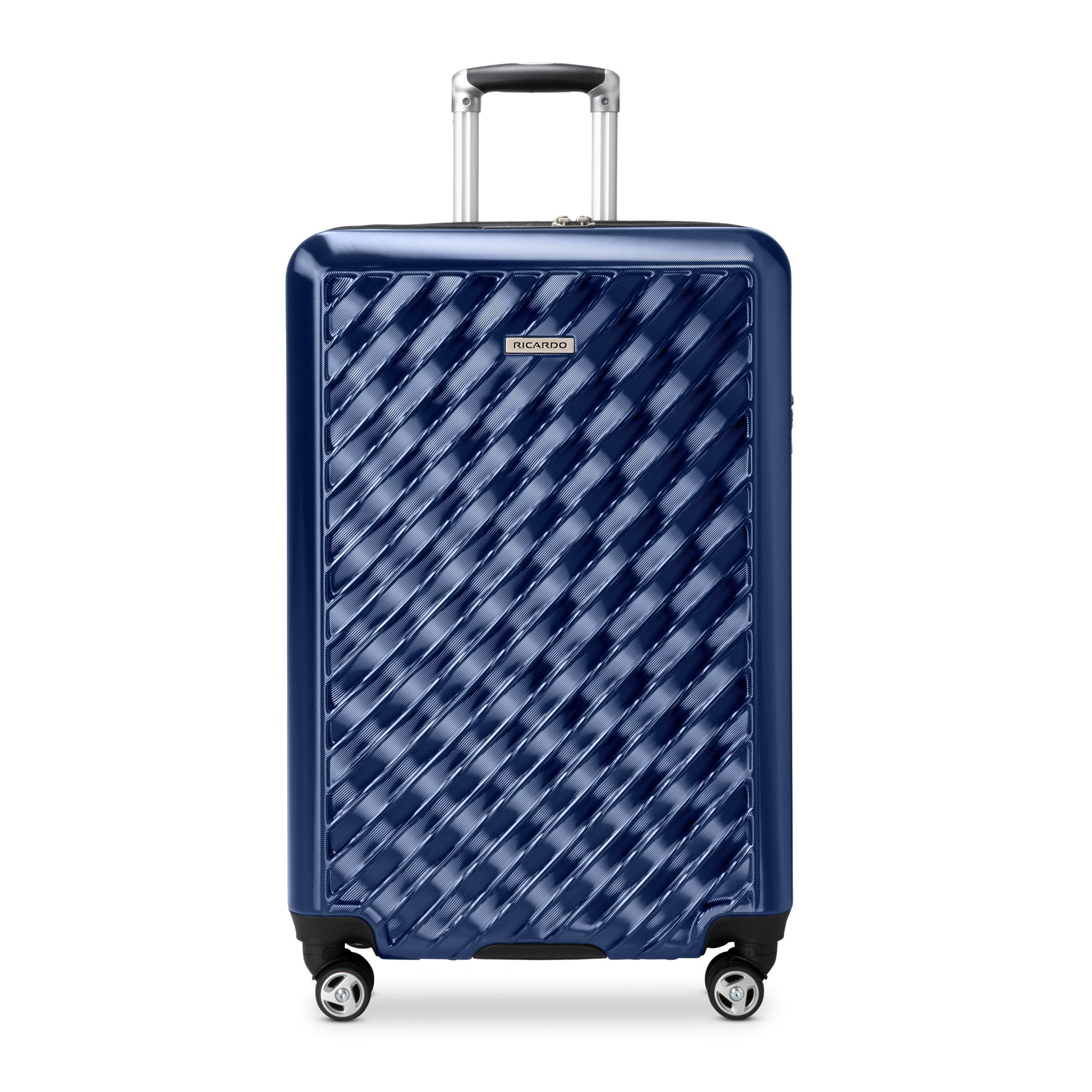 Ricardo Beverly Hills Melrose 25" blue polycarbonate spinner luggage with 4 wheels and telescoping handle.