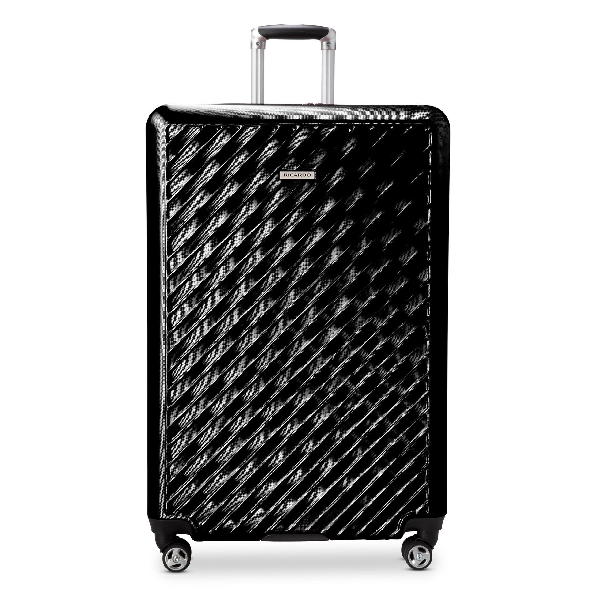 Ricardo Beverly Hills Melrose 29" hardside spinner, black with textured diagonal pattern, shown upright.