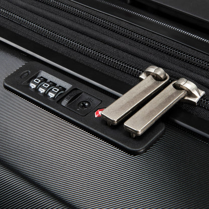 Close-up of Ricardo Beverly Hills Melrose 29" Spinner's built-in lock with dual metallic zipper pulls.