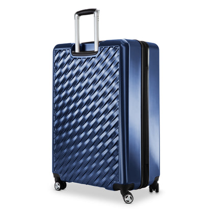 Ricardo Beverly Hills Melrose 29" blue hardside check-in luggage with 4 wheels and an extended handle.