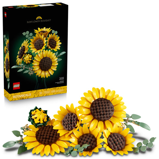 Product Image – LEGO® Sunflower Bouquet - ONLINE ONLY set with three bright LEGO flowers shown in front of the box.