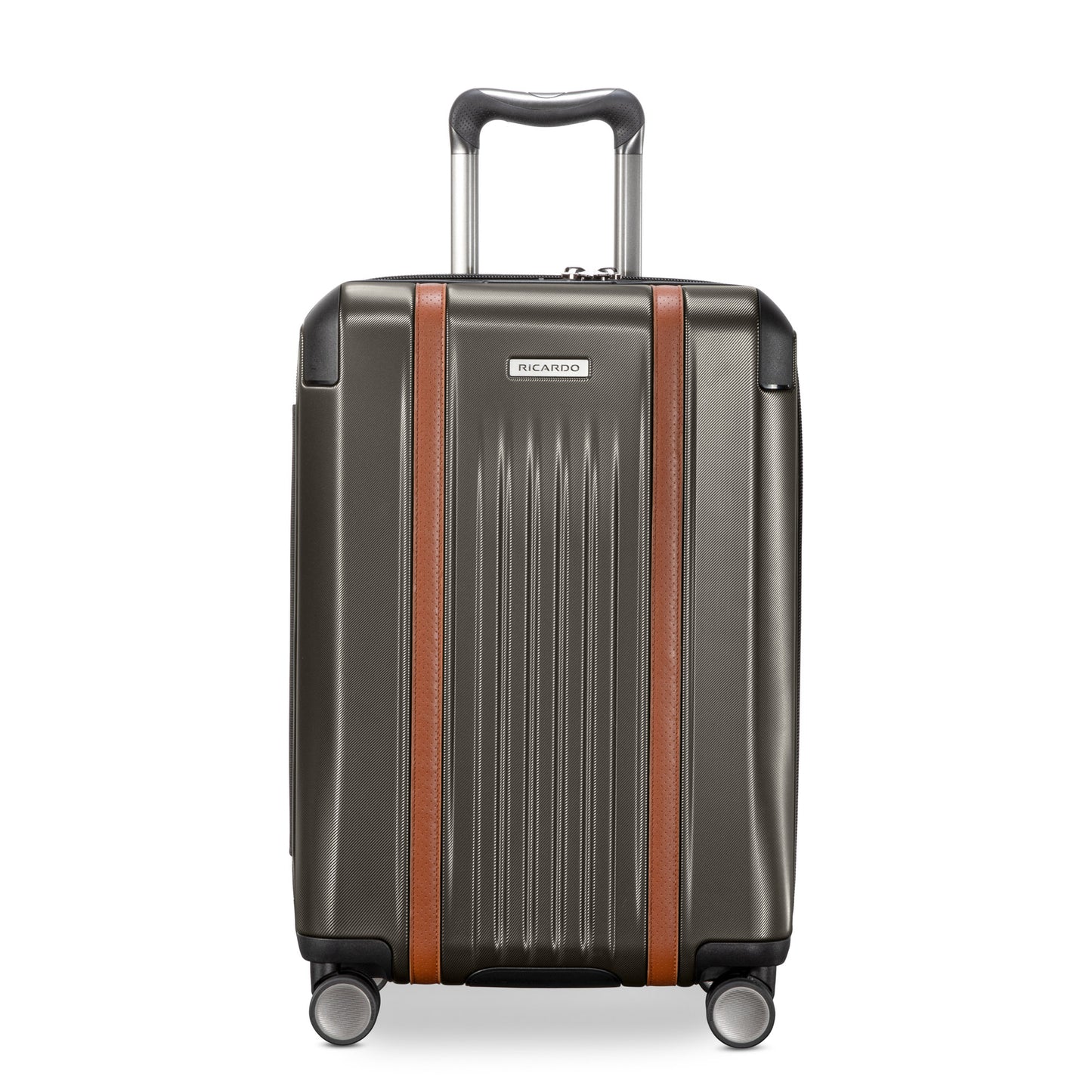 Ricardo Beverly Hills Montecito 2.0 graphite gray carry-on with brown accents, spinner wheels, and TSA lock.