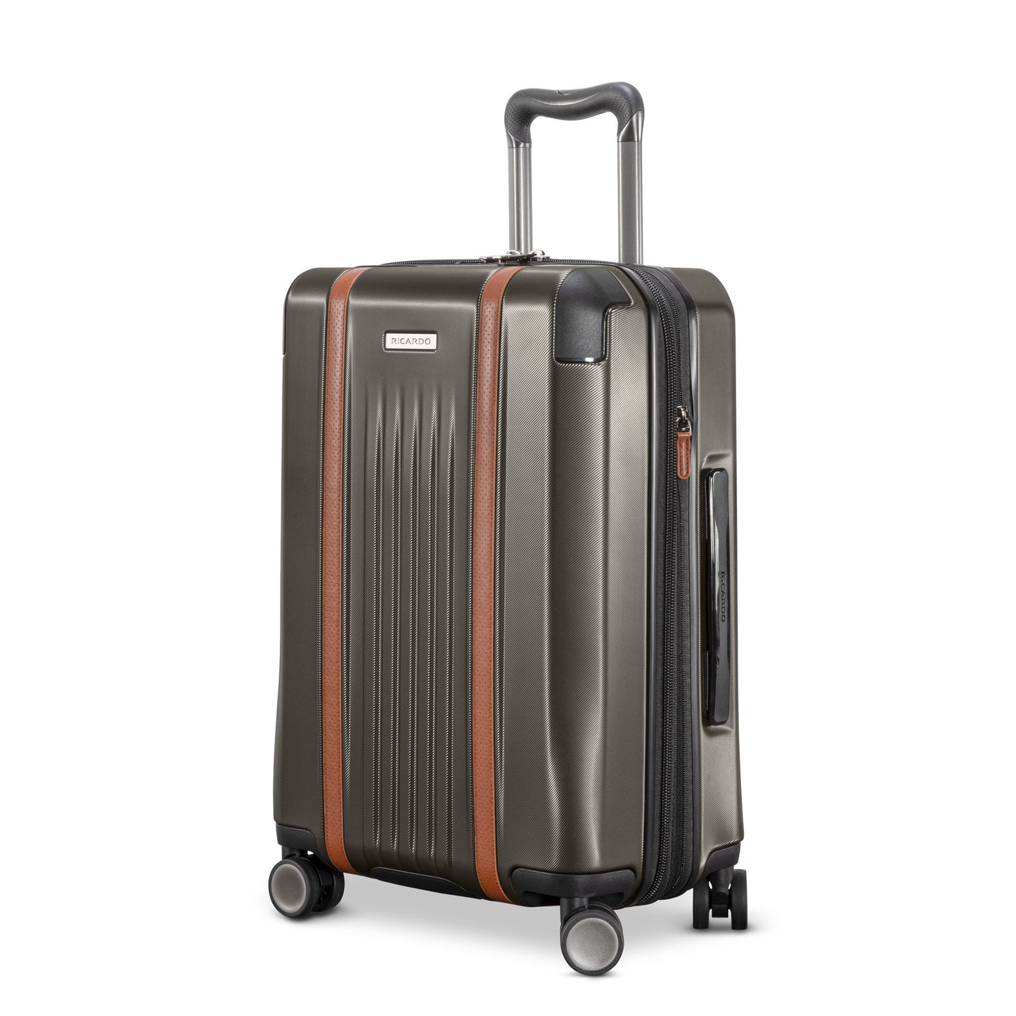 A Ricardo Beverly Hills Montecito 2.0 graphite gray spinner carry-on with brown accents and TSA lock.