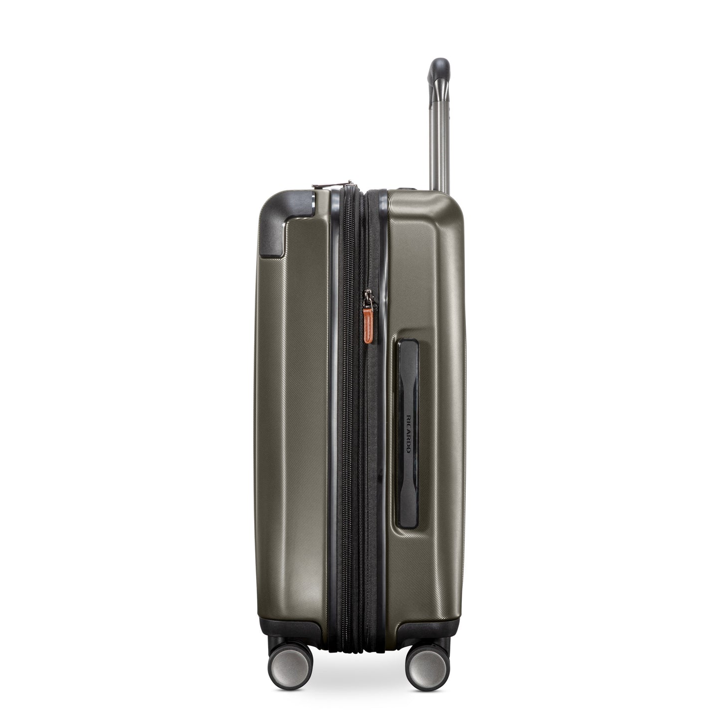 Side view of Ricardo Beverly Hills Montecito 2.0 21" Spinner Carry-on with wheels, telescopic handle, and TSA lock.