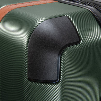 Close-up of a Ricardo BH Montecito 2.0 green carry-on corner with a black cap, ONLINE ONLY.