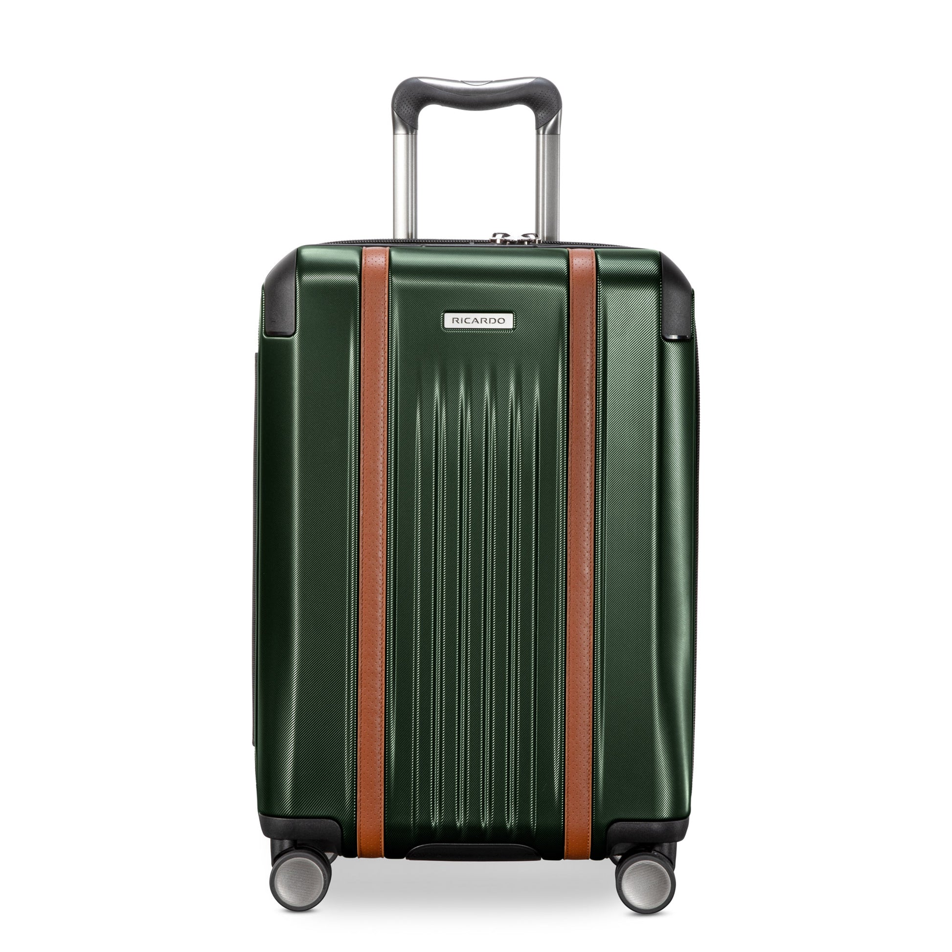 Ricardo Beverly Hills Montecito 2.0 21" green hardside carry-on with TSA lock, brown accents, spinner wheels; ideal for travel.