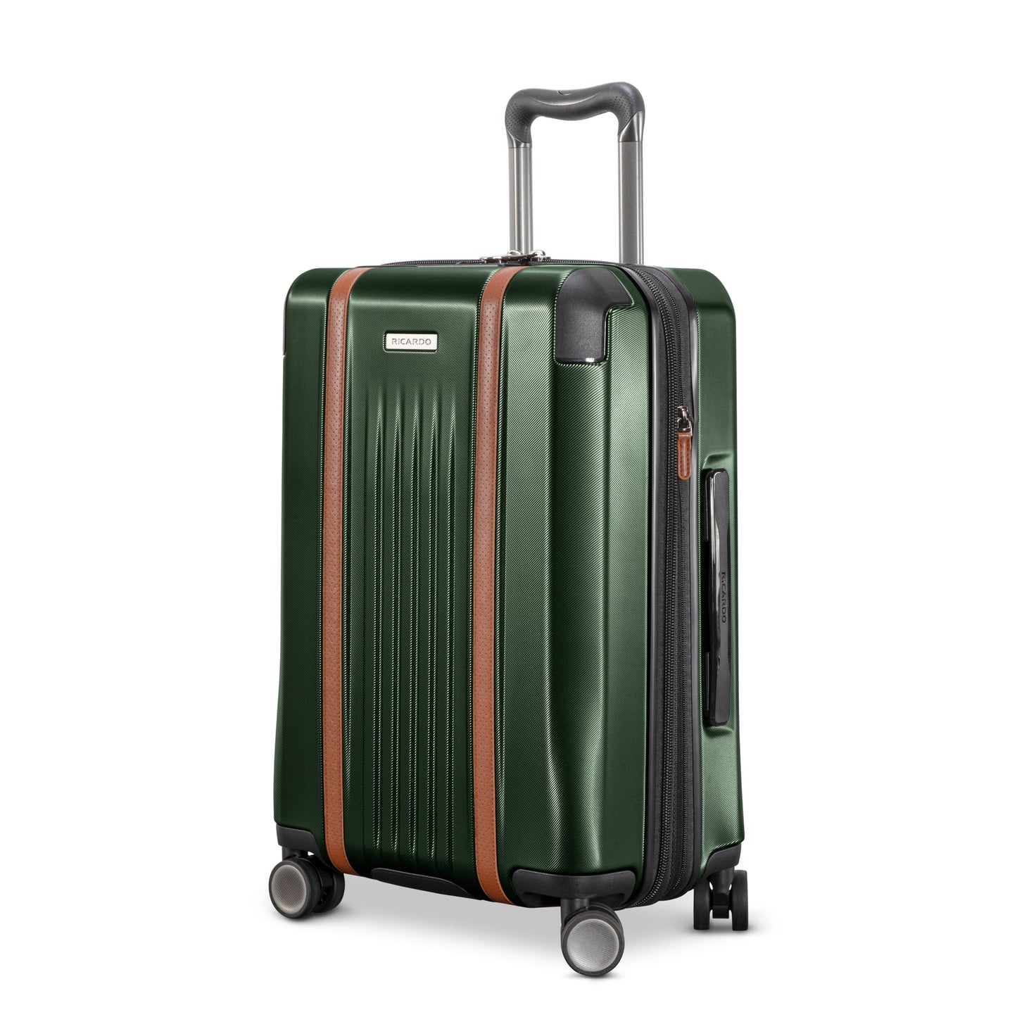 A green Ricardo Beverly Hills Montecito 2.0 carry-on with a TSA lock stands upright against a white background.