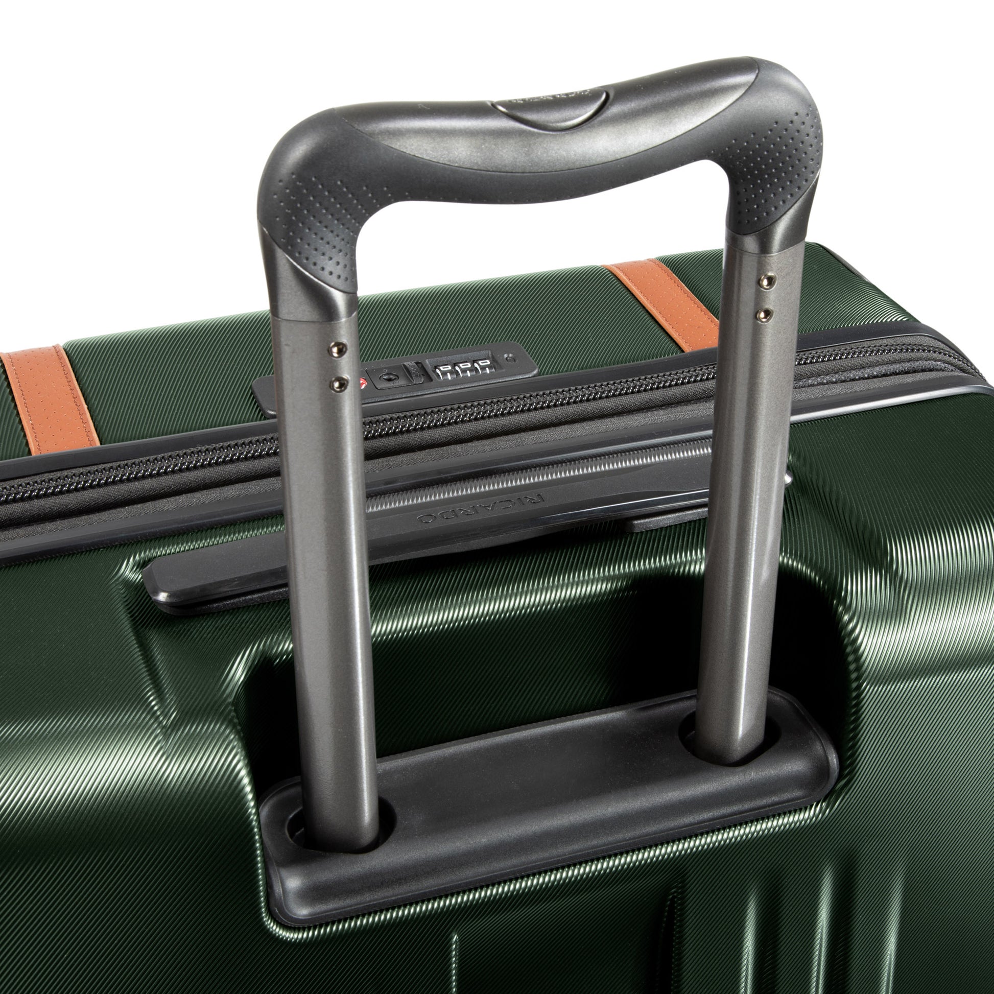 Close-up of the Ricardo BH Montecito 2.0 25" Green Hardside Spinner with telescopic handle and expandable storage.