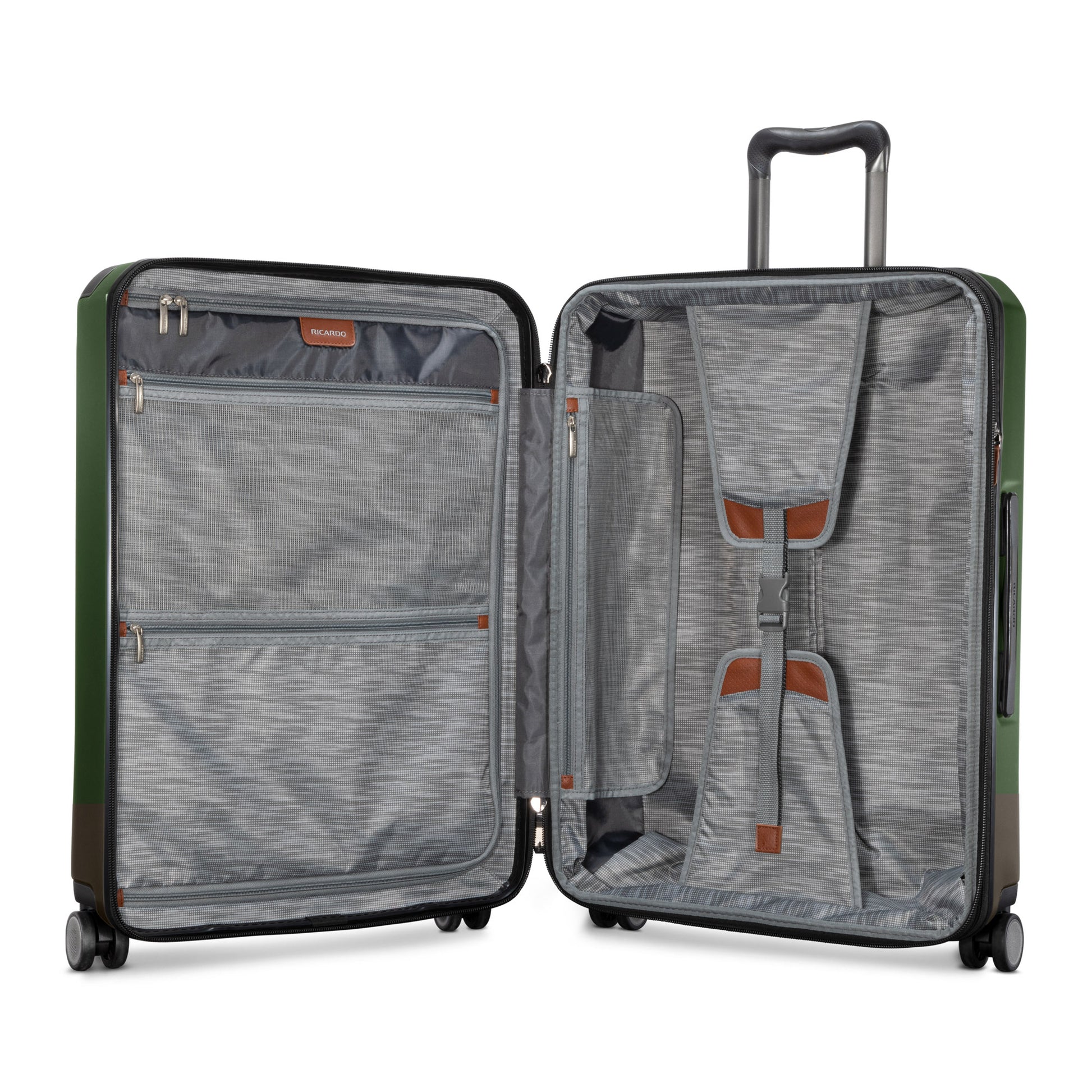 Ricardo Beverly Hills Montecito 2.0 25" Spinner: Open with gray interior, zip compartments, adjustable straps, expandable space.